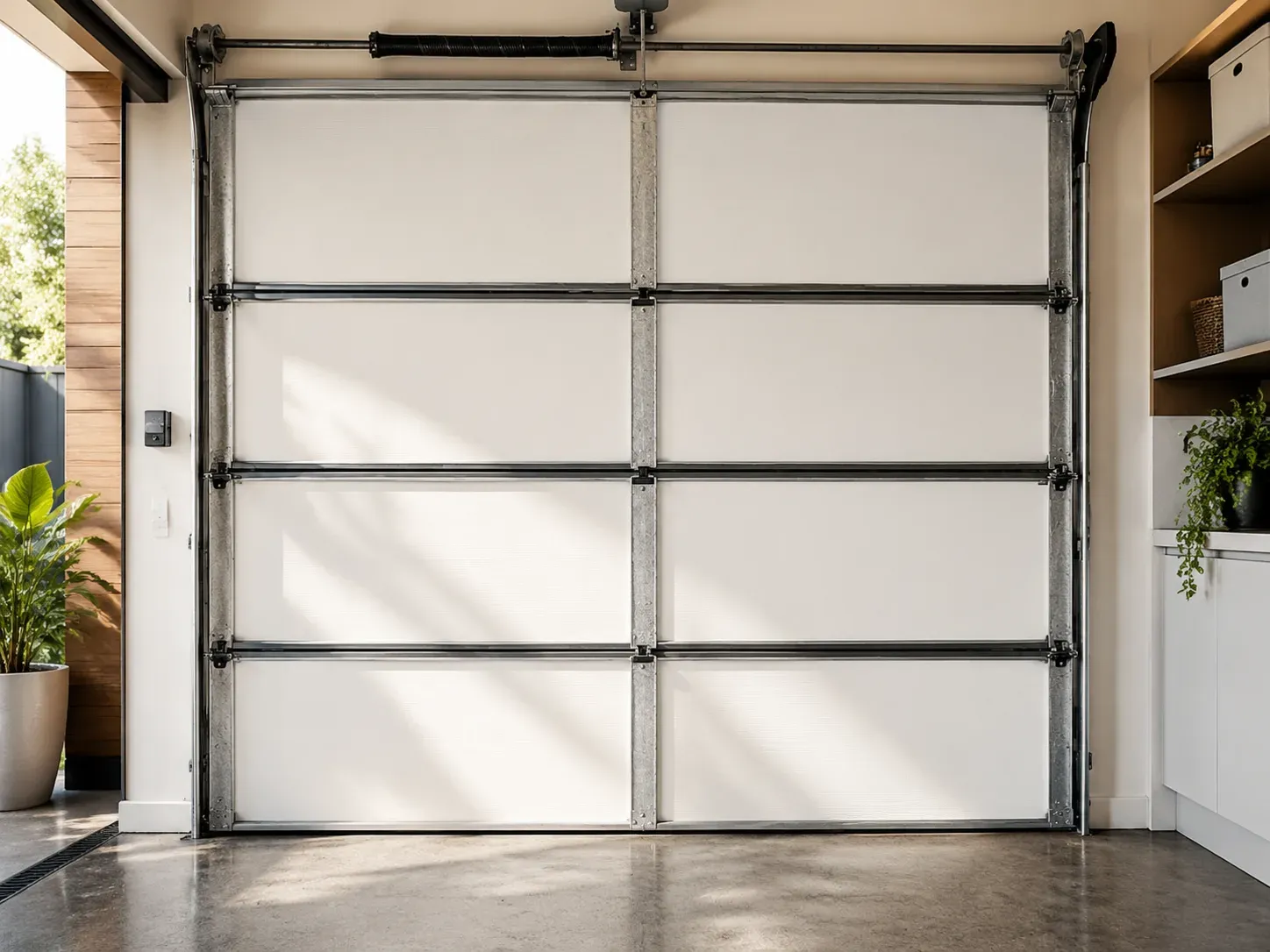 Photorealistic insulated sectional garage door inside a modern garage, fully lined with a clean grid of matte white KoolDoor panels
