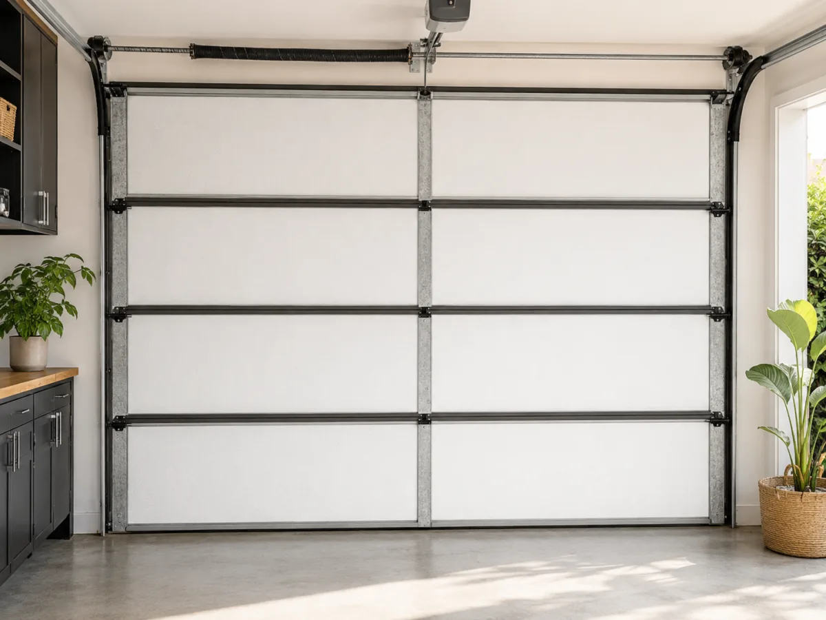 Completed KoolDoor install: a sectional garage door fully lined with a clean grid of matte white insulation panels