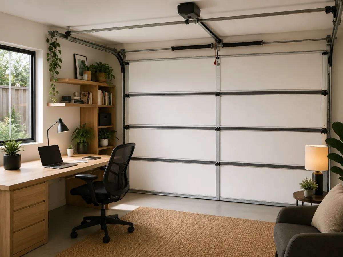 Insulated garage converted into a modern home office, closed matte white KoolDoor panel door visible