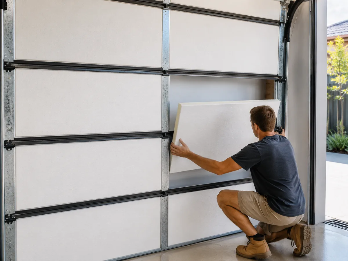 Installer fitting a matte white KoolDoor insulation panel into a sectional garage door