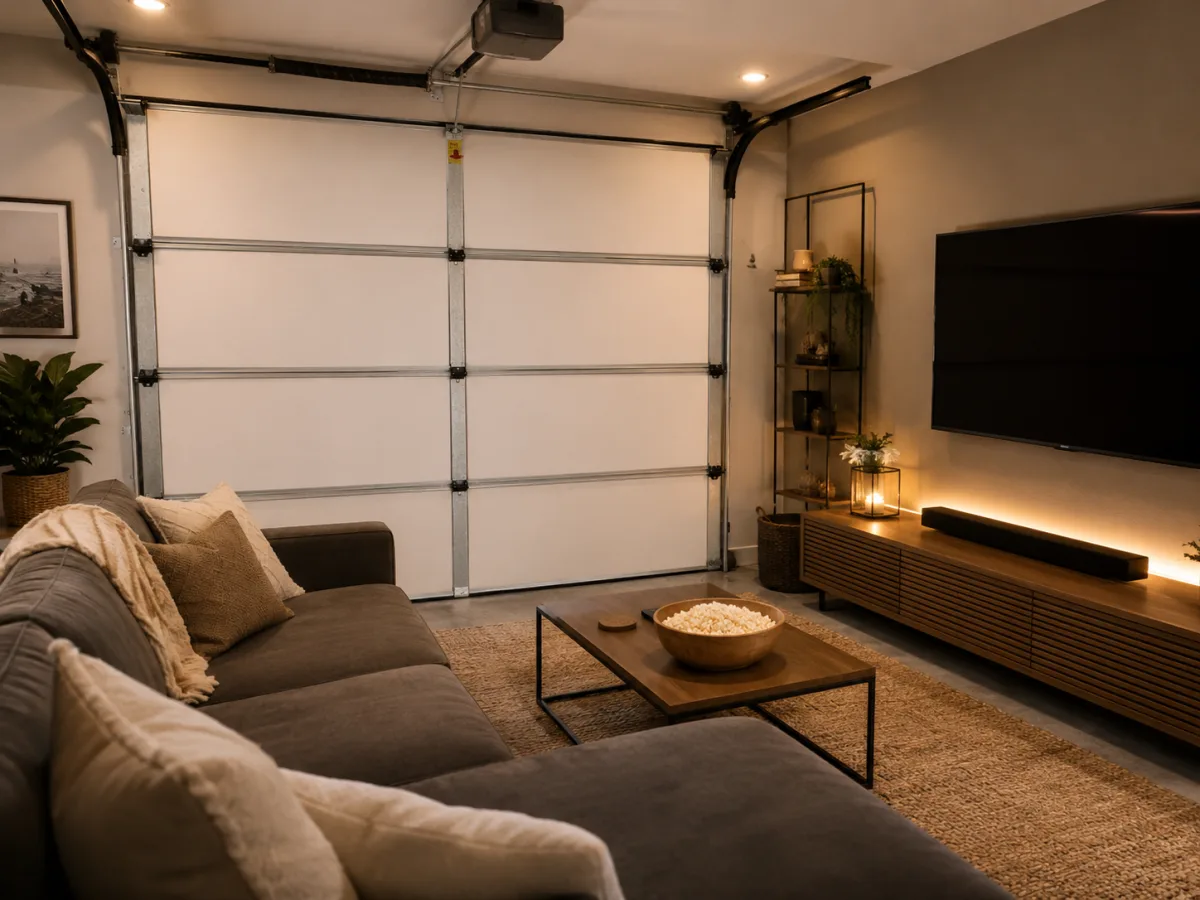 Insulated garage converted into a cosy media lounge, closed matte white KoolDoor panel door visible