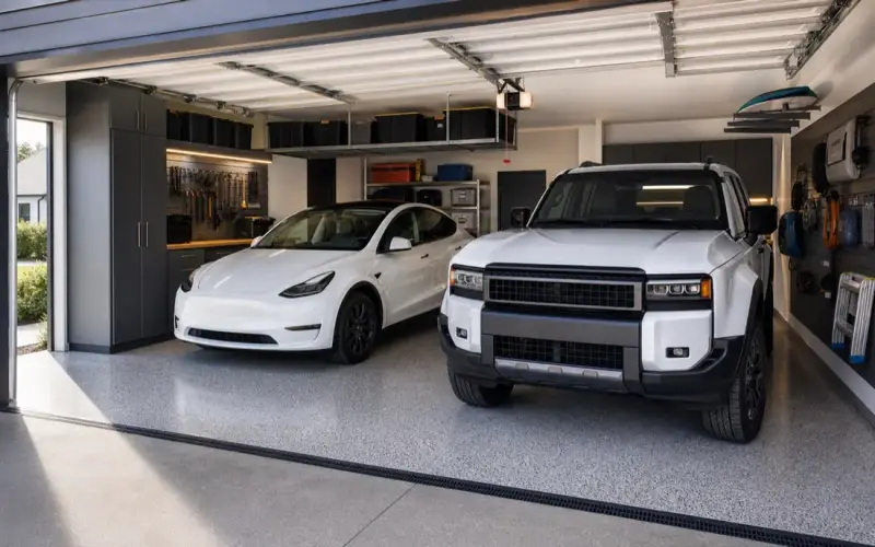 A beautiful clean double garage with modern family cars, storage and an insulated garage door