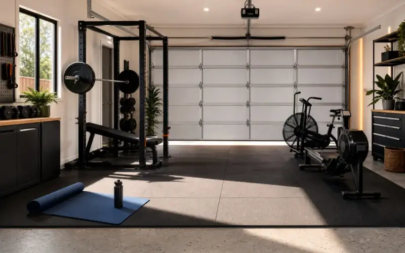 A clean garage converted into a home gym with weights, cardio equipment and an insulated garage door