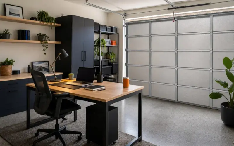 A garage converted into a calm home office with a desk, laptop and insulated garage door