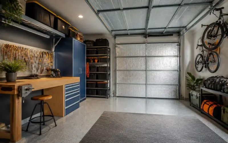 A tidy garage workshop with tools, storage, bikes and an insulated garage door