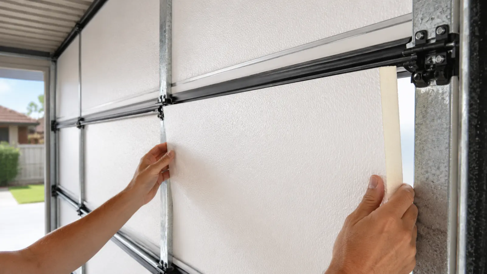 Hands fitting a white KoolDoor insulation panel into an existing garage door's section