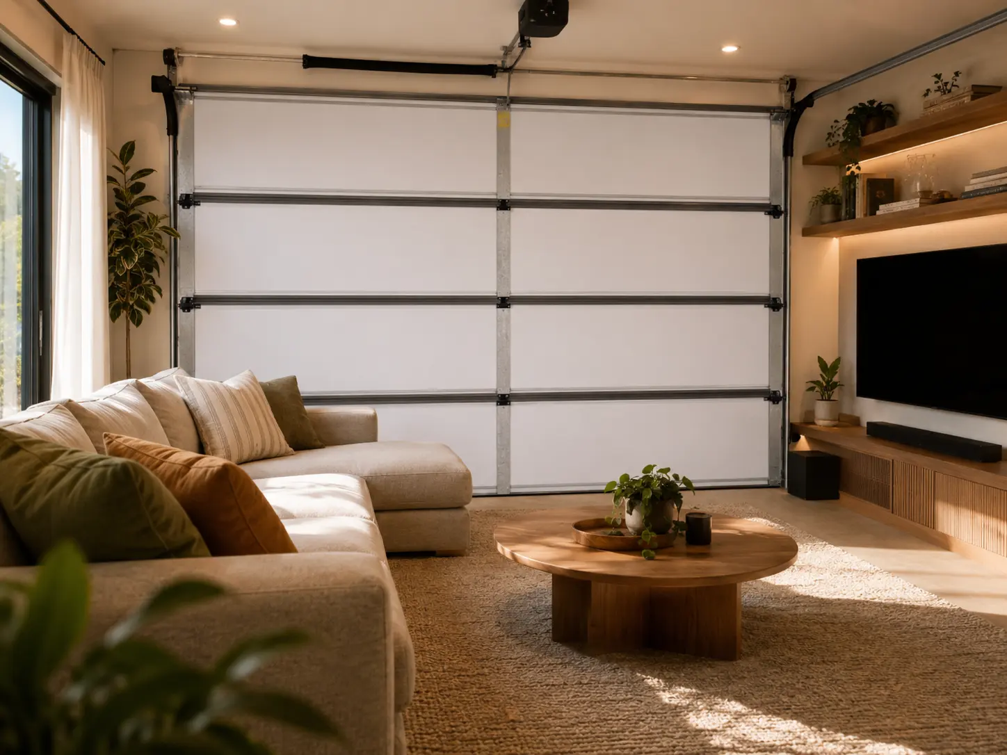 A garage converted into a stylish lounge with the insulated white-panel door visible