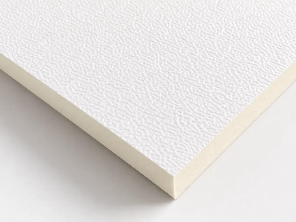 A white KoolDoor rigid insulation panel showing its textured face and pale foam core edge