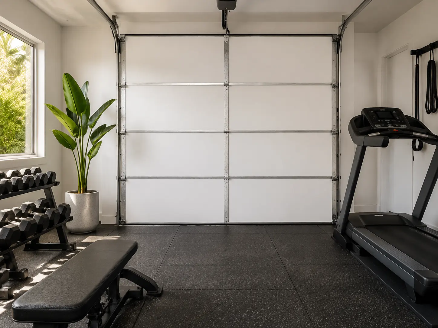 A professional installer fitting white KoolDoor insulation panels to a sectional garage door