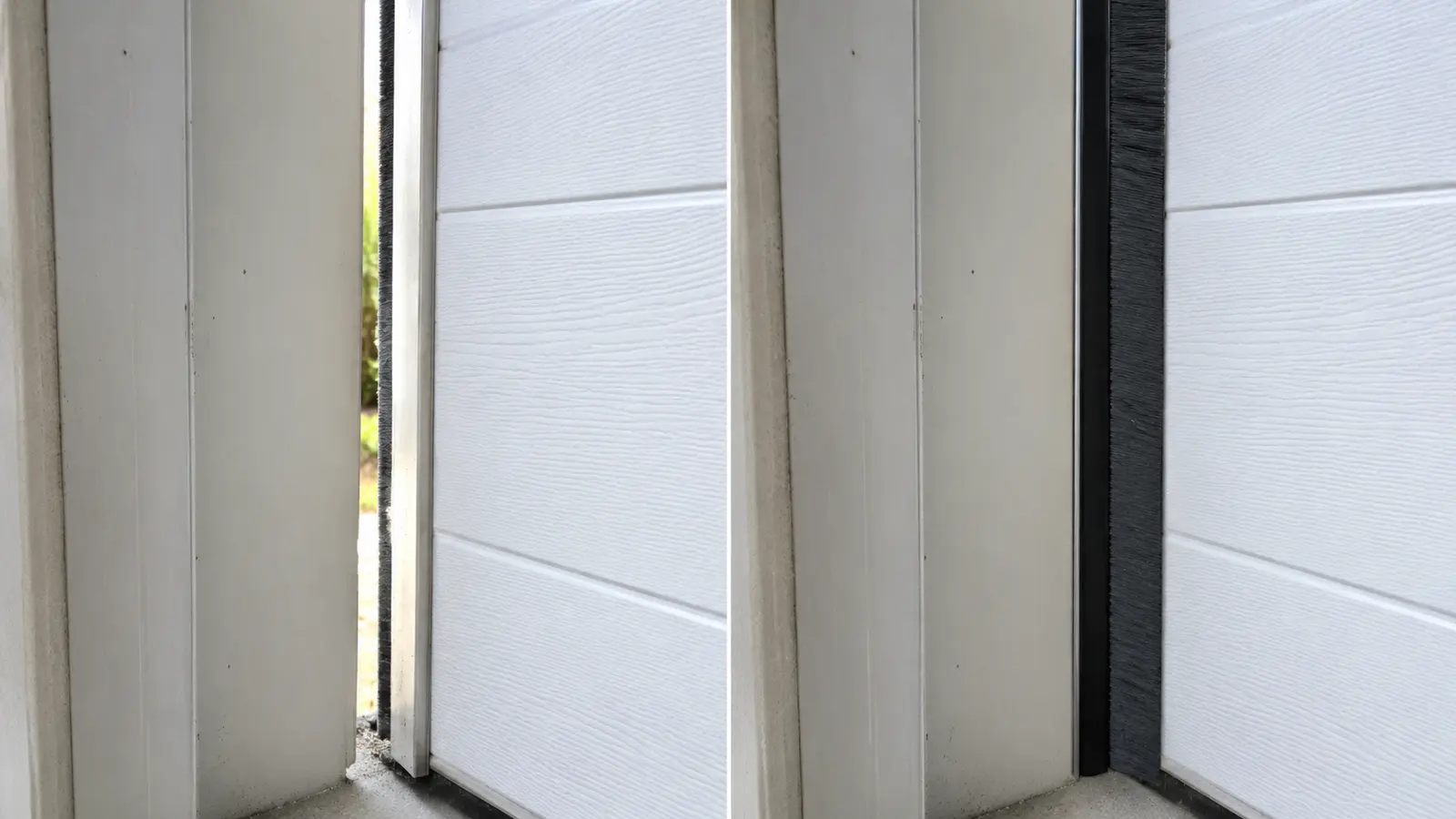 Before and after of a garage door side gap: open and letting light through, versus sealed with a vertical brush seal