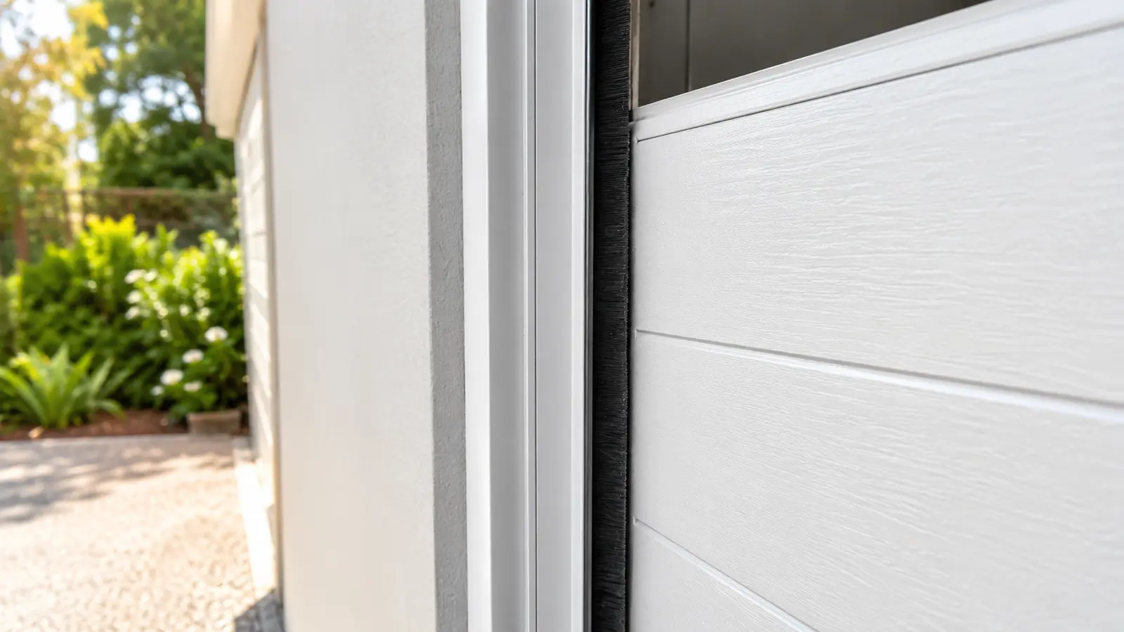 A black brush seal mounted vertically on the side of a garage door, closing the side gap